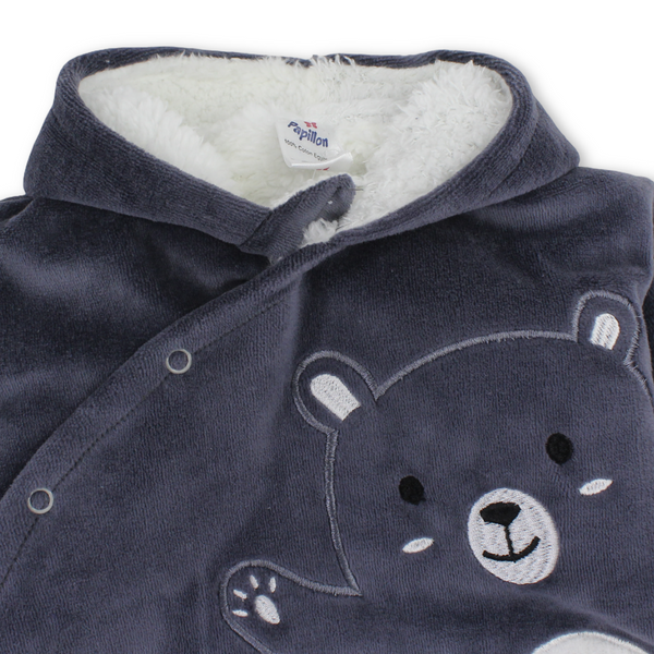 Baby Boys Velvet Hooded Baby Footie – Teddy Bear Embroidery