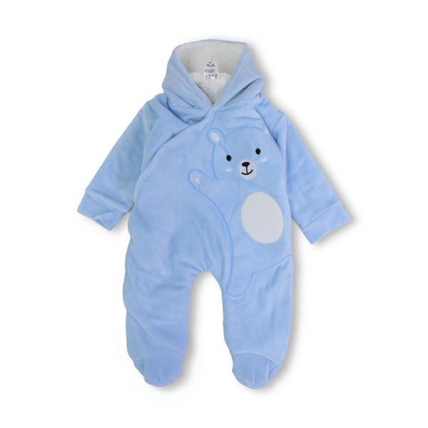 Baby Boys Velvet Hooded Baby Footie – Teddy Bear Embroidery