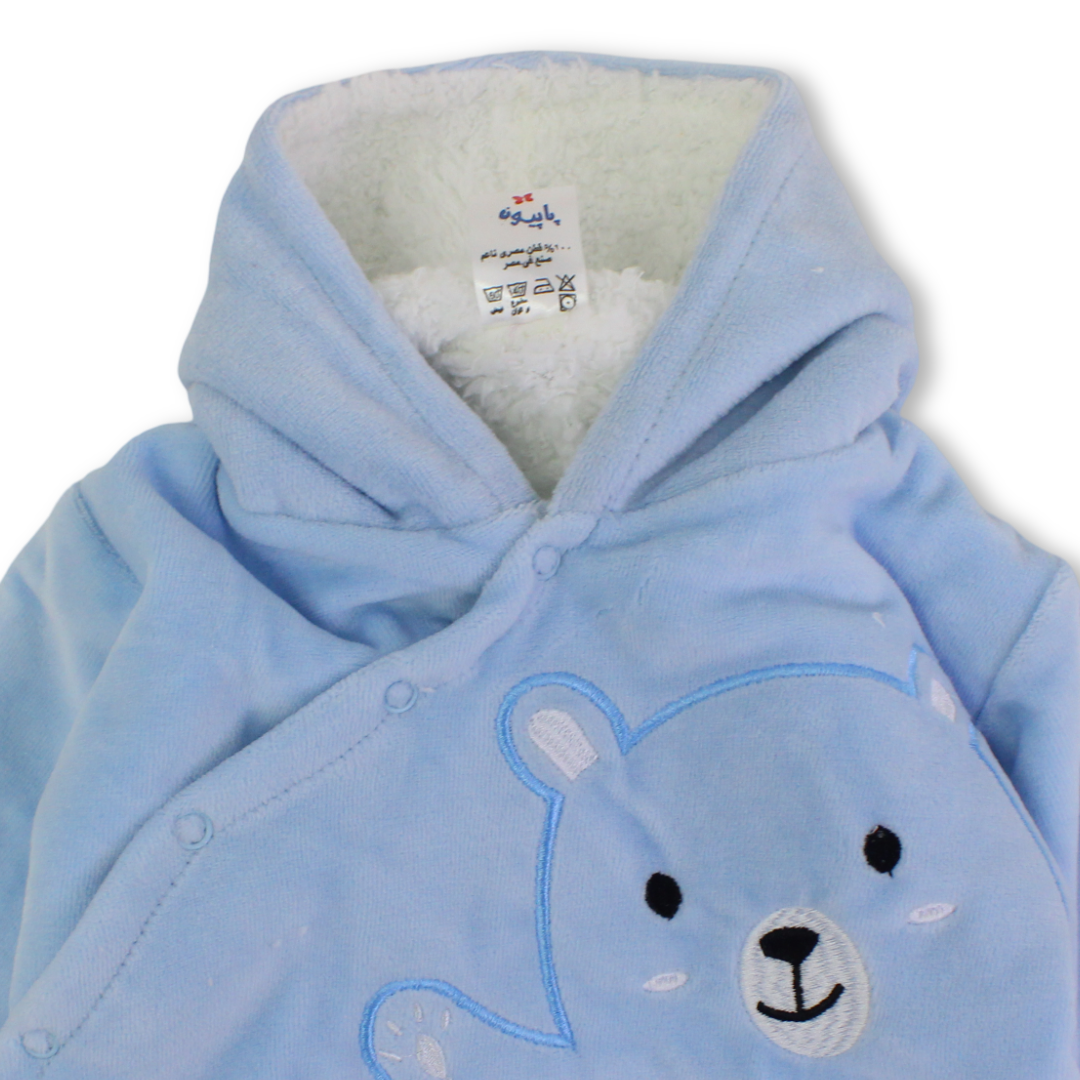 Baby Boys Velvet Hooded Baby Footie – Teddy Bear Embroidery