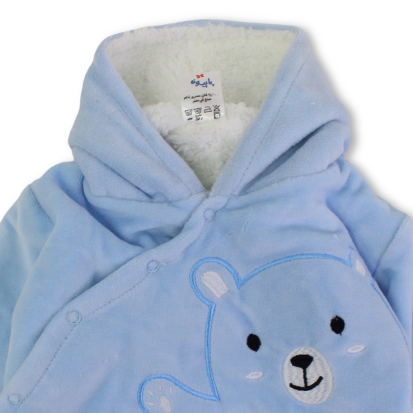 Baby Boys Velvet Hooded Baby Footie – Teddy Bear Embroidery