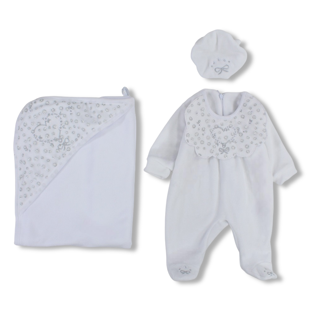 Baby Girls Baby Footie with a Beanie & Baby Blanket  – White with Heart Design