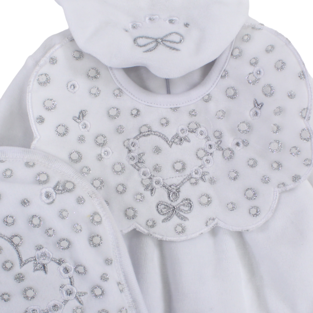 Baby Girls Baby Footie with a Beanie & Baby Blanket  – White with Heart Design