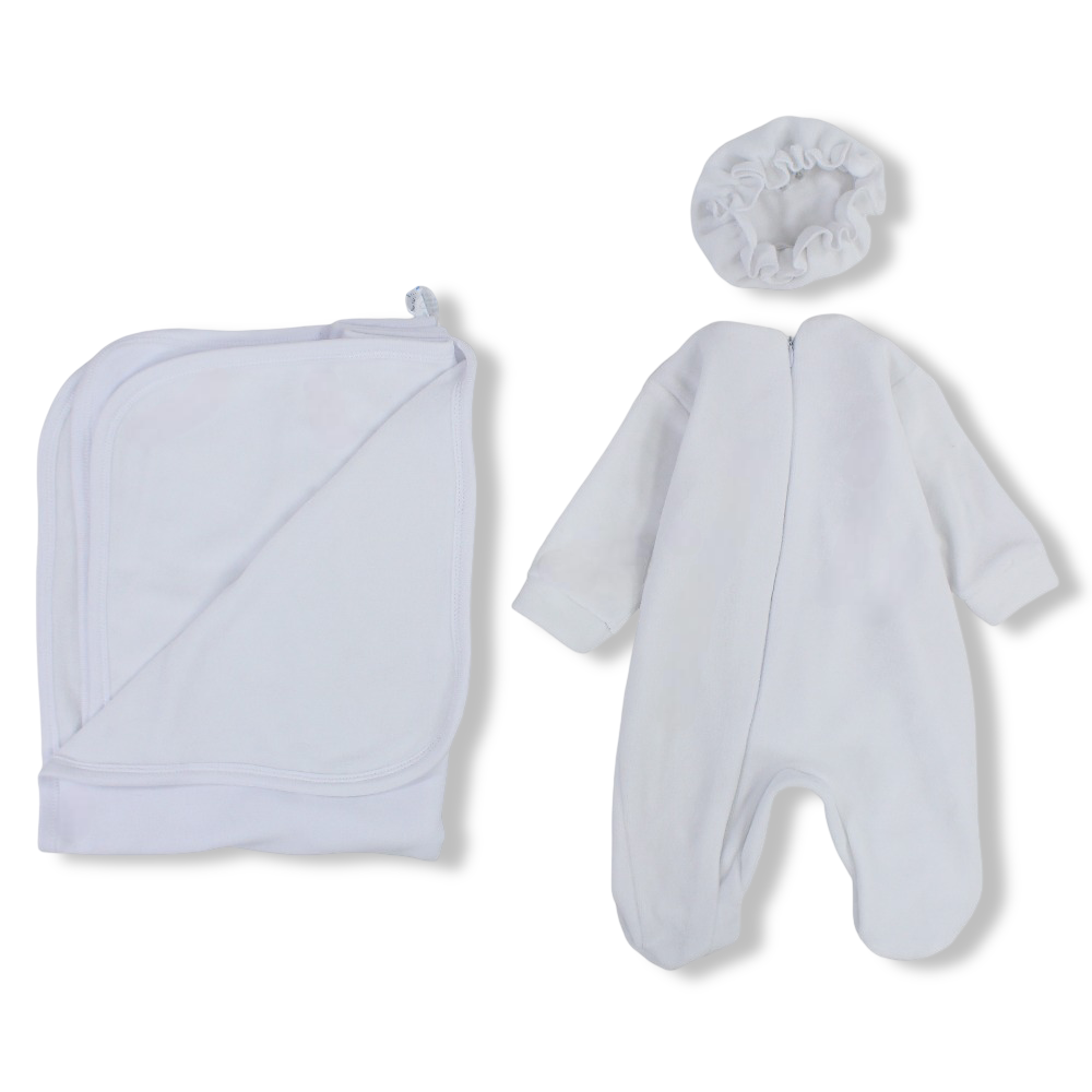 Baby Girls Baby Footie with a Beanie & Baby Blanket  – White with Heart Design