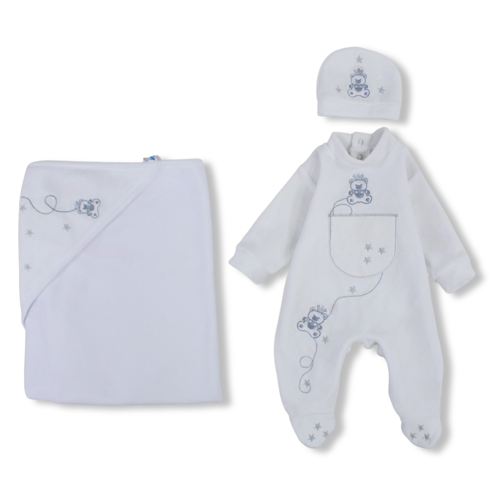 Baby Boys Baby Footie with a Beanie & Baby Blanket  – White with Bear Design