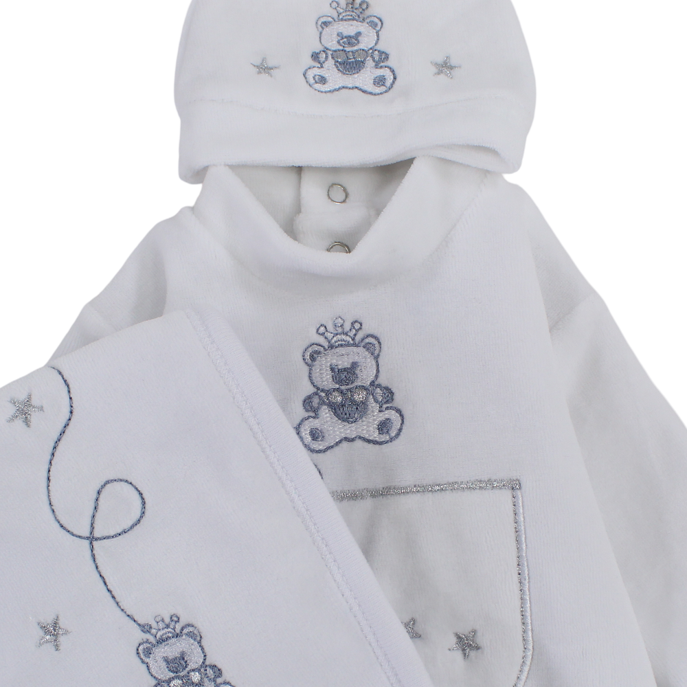 Baby Boys Baby Footie with a Beanie & Baby Blanket  – White with Bear Design