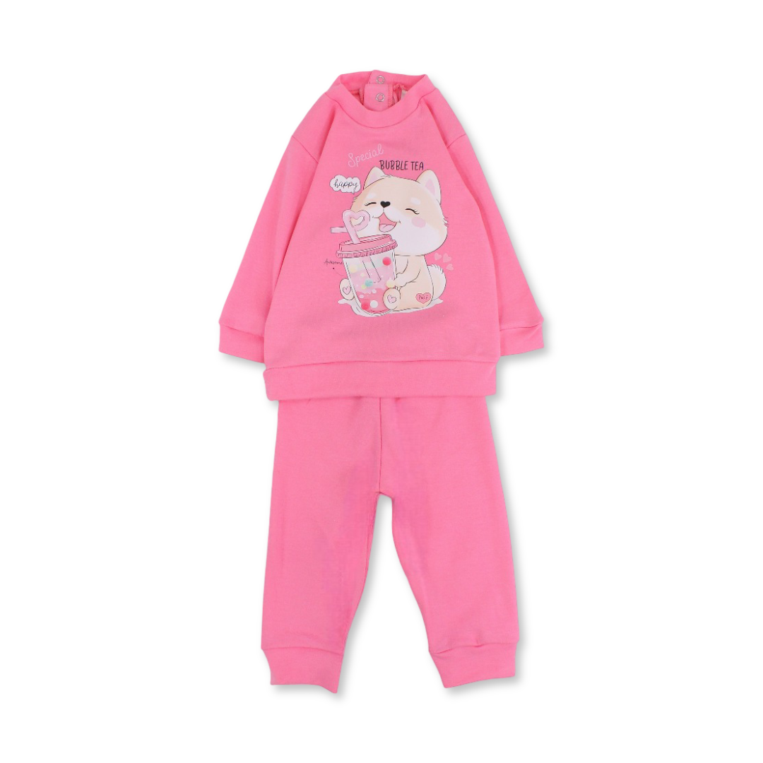 Baby Girls Cotton Pajama – with Dog Drinking Bubble Tea Print