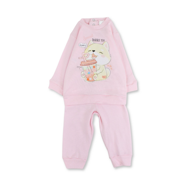 Baby Girls Cotton Pajama – with Dog Drinking Bubble Tea Print
