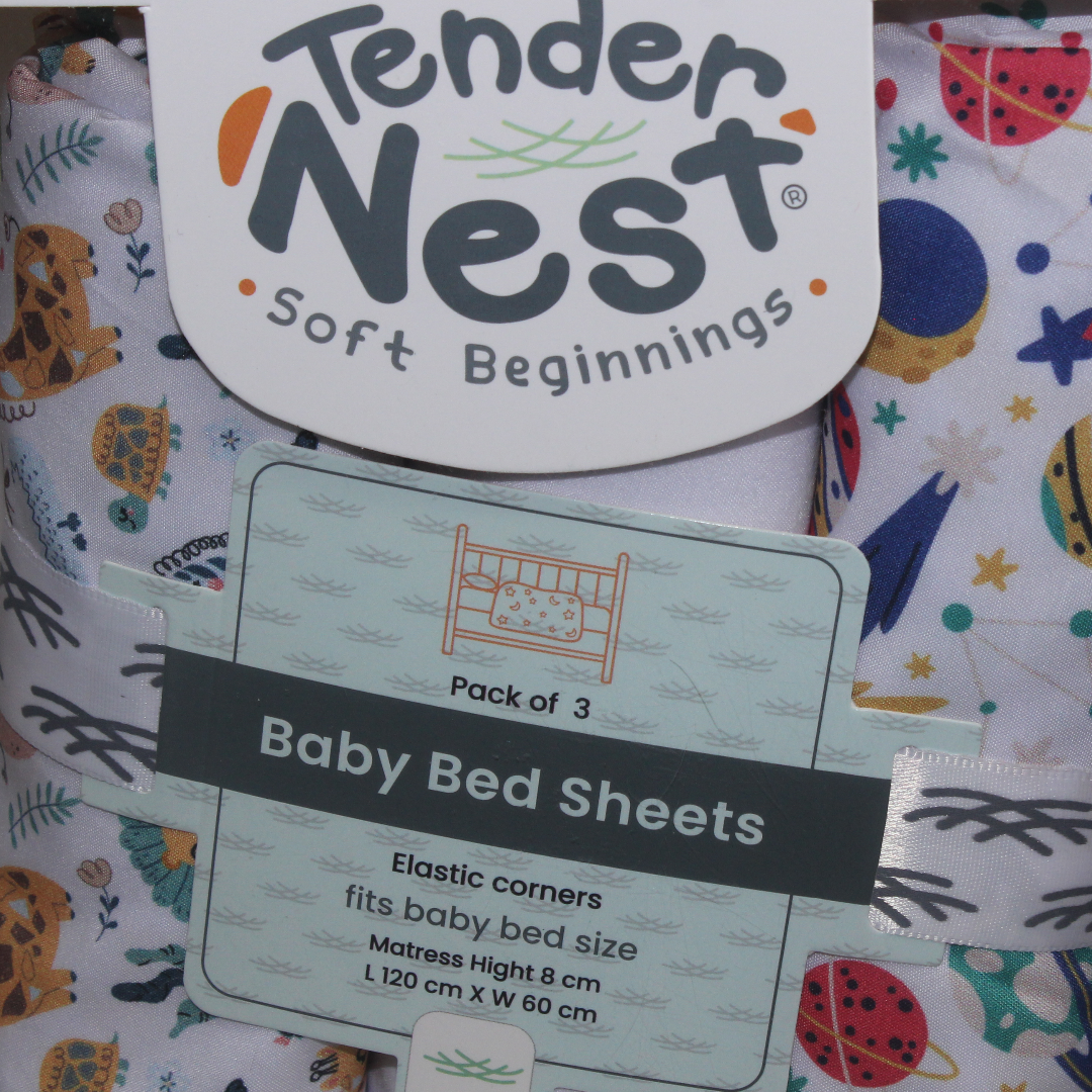 Cotton Baby Bed Sheet Set (3 Pieces) – Rocket & Jungle Prints (120×60×8 cm)