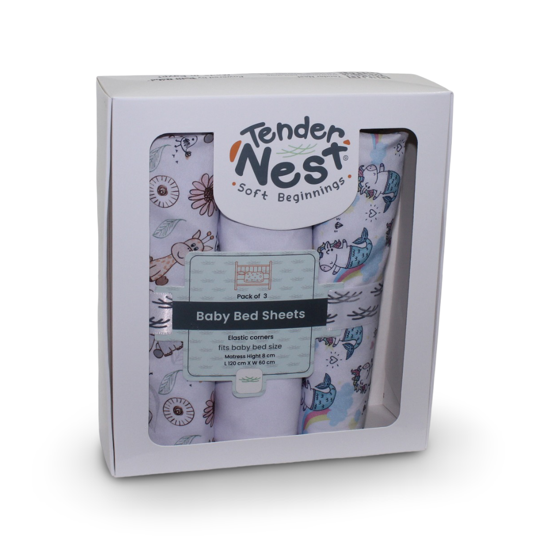 Cotton Baby Bed Sheet Set (3 Pieces) – Unicorn & Elephant Prints (120×60×8 cm)