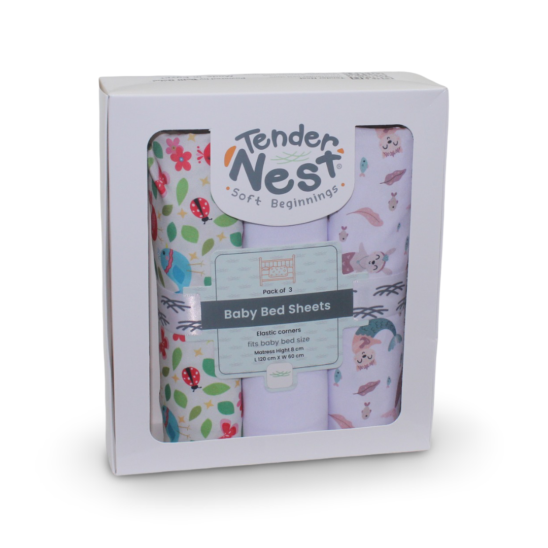 Cotton Baby Bed Sheet Set (3 Pieces) – Bird & Mermaid Prints (120×60×8 cm)