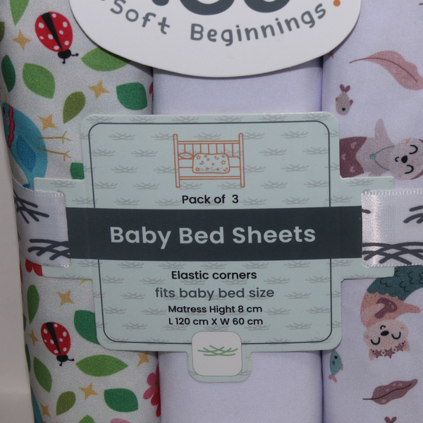 Cotton Baby Bed Sheet Set (3 Pieces) – Bird & Mermaid Prints (120×60×8 cm)