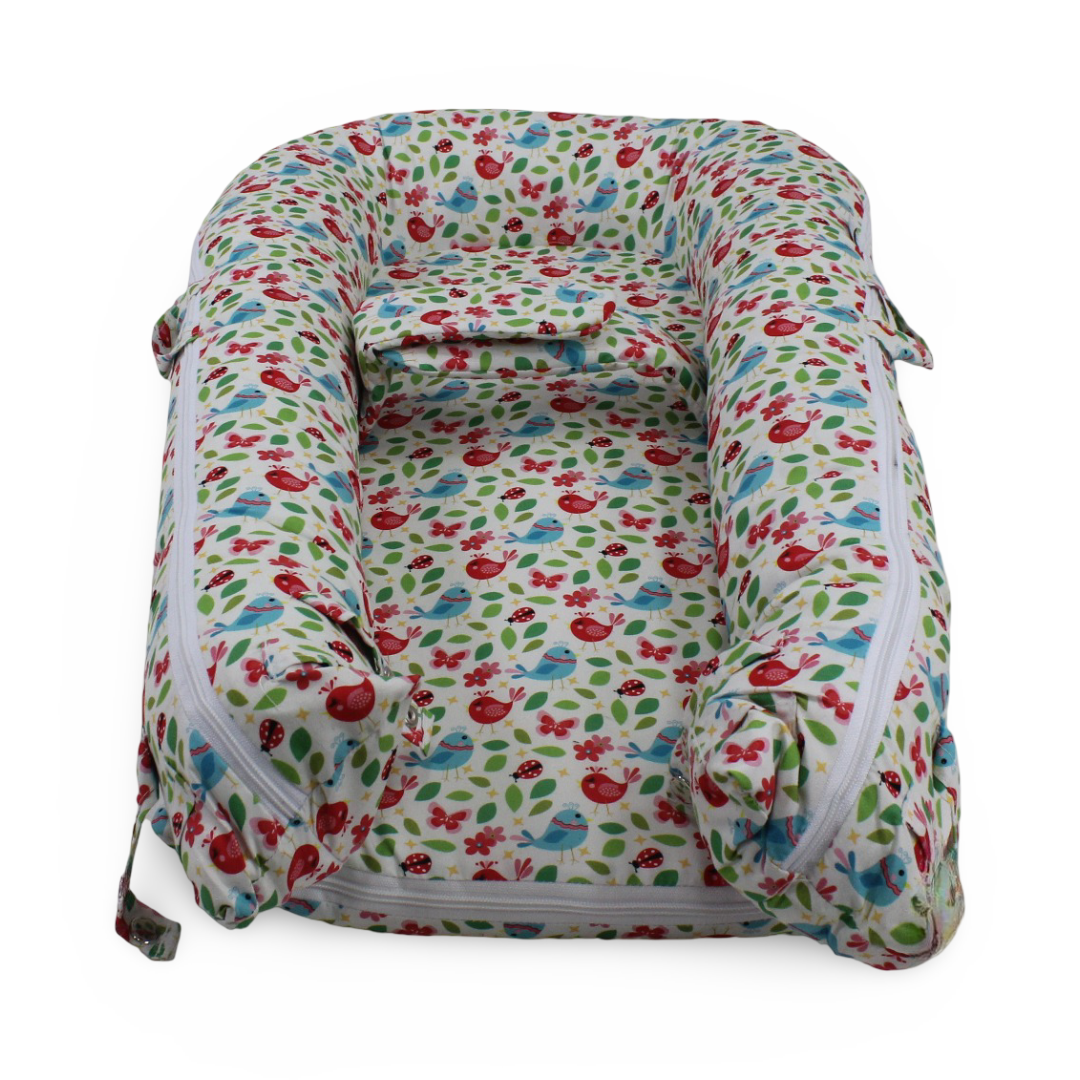 Cotton Baby Nest – Bird Print (70×40×18 cm)