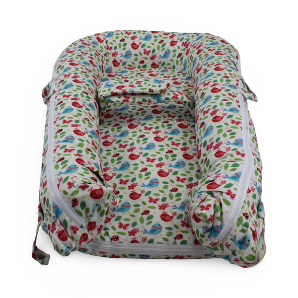 Cotton Baby Nest – Bird Print (70×40×18 cm)