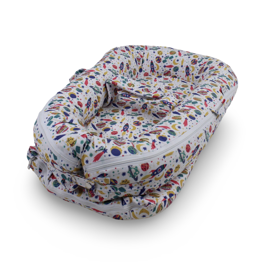 Cotton Baby Nest – Rocket Print (70×40×18 cm) - Baby Essentials - Petit Bebe