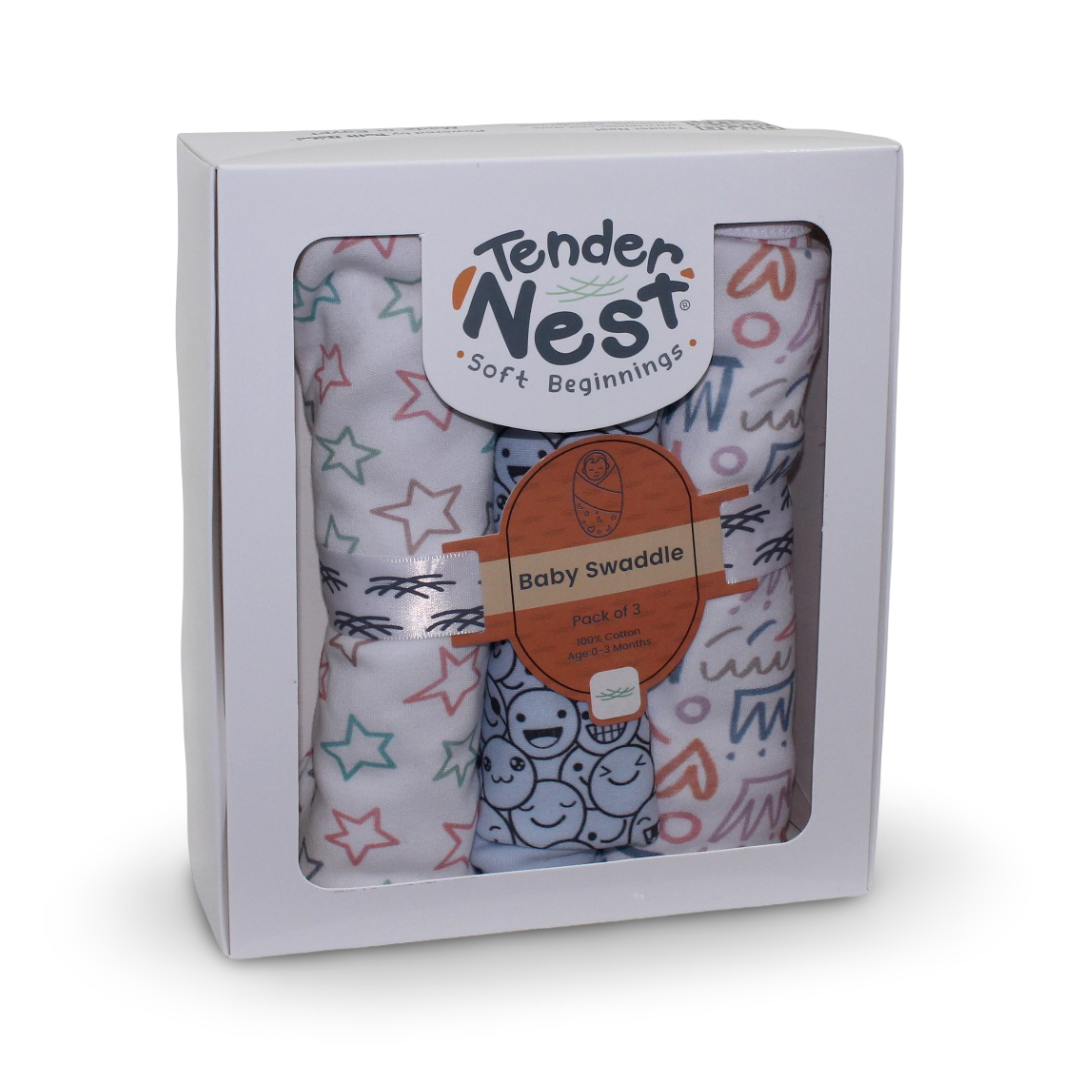 Cotton Baby Swaddle Set with Hat (3 Pieces) – Stars, Royalty & Smiley Blue Prints