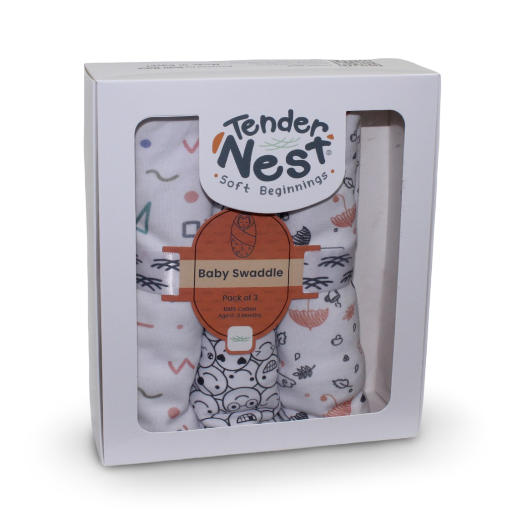 Cotton Baby Swaddle Set with Hat (3 Pieces) – Umbrella, Smiley Black & Confetti Prints - Petit Bebe