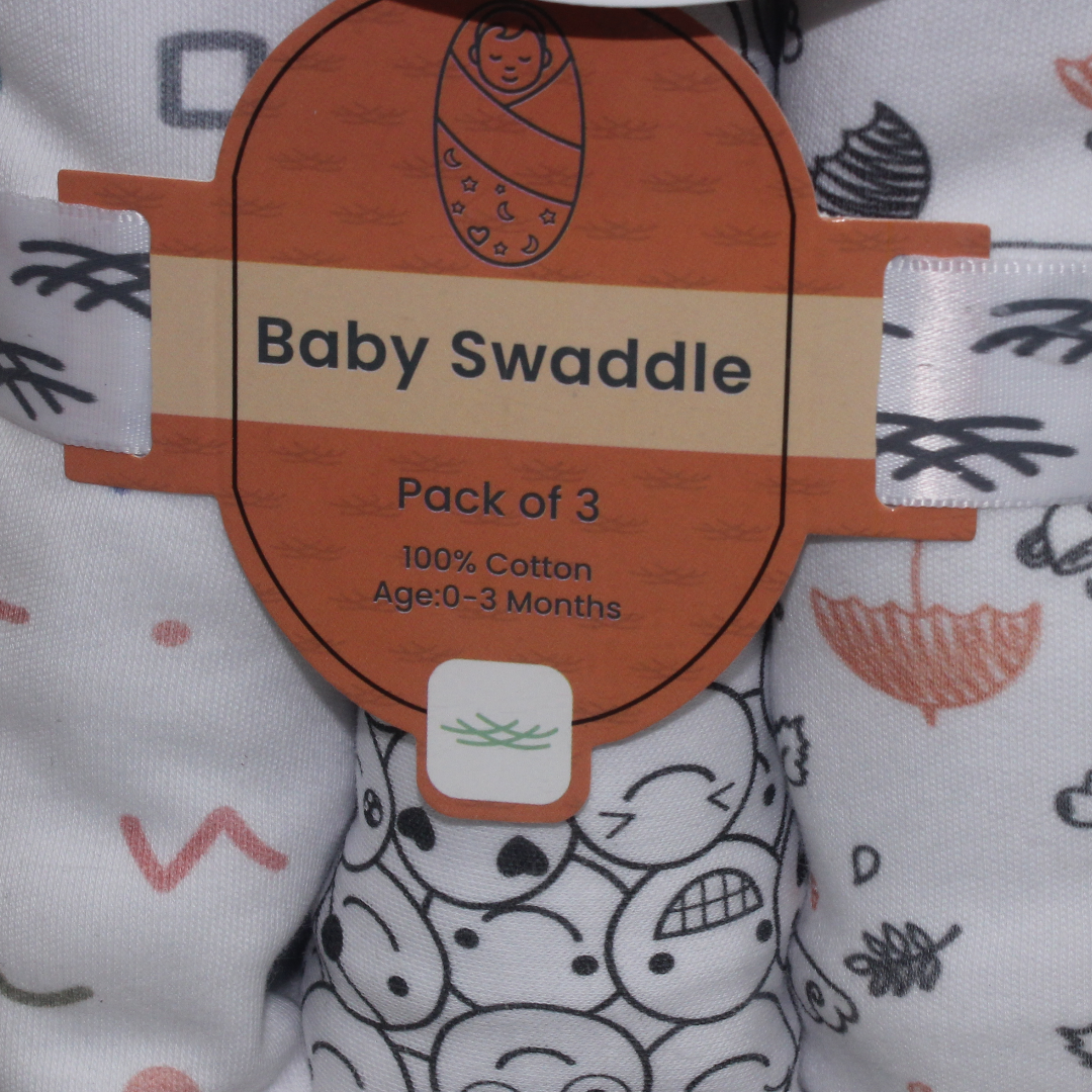 Cotton Baby Swaddle Set with Hat (3 Pieces) – Umbrella, Smiley Black & Confetti Prints