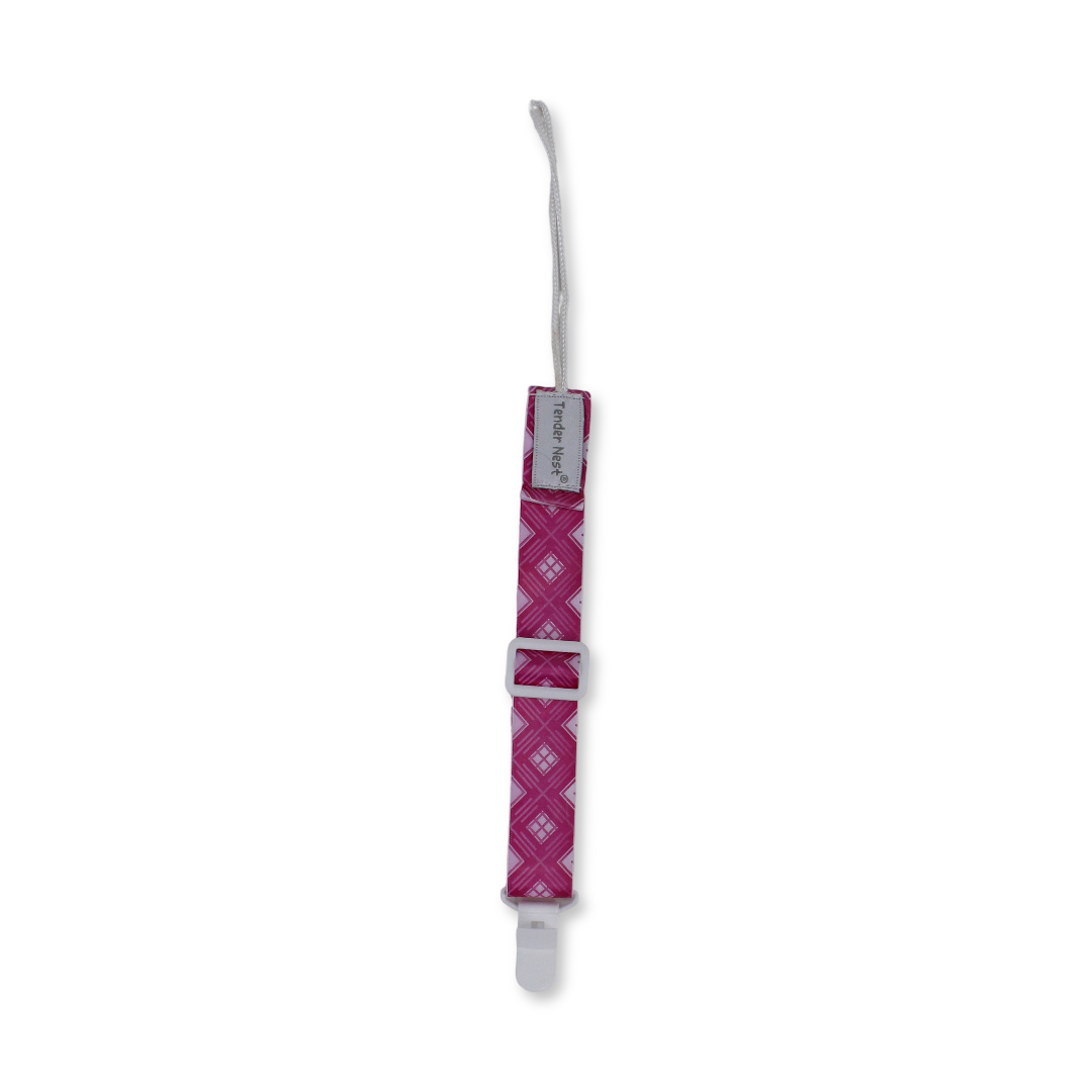 Cotton Soother Clip – Pink Square Pattern - Baby Essentials - Petit Bebe