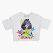 Girls Cotton T-Shirt - Off-White with Tokyo Print