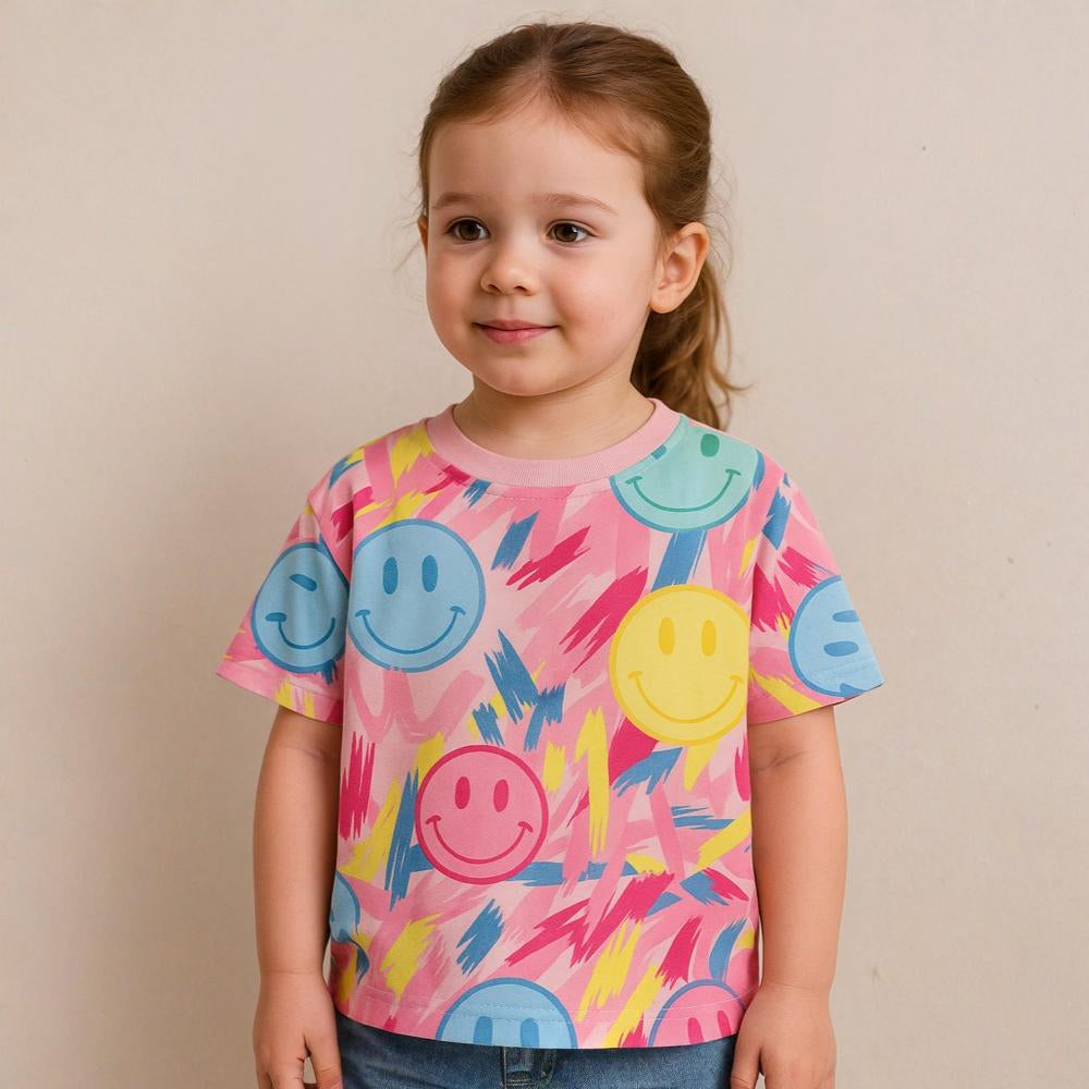 Girls Cotton T-Shirt - Pink with Smiley Faces Print