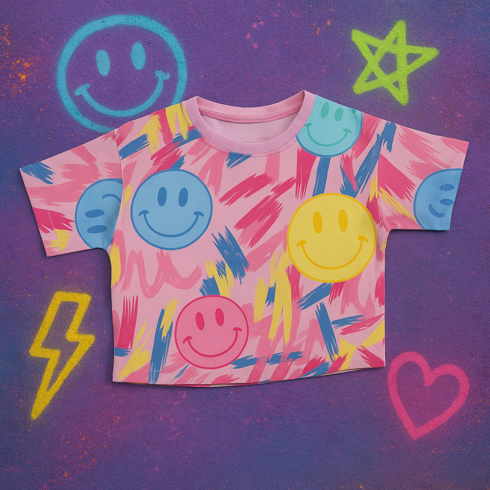 Girls Cotton T-Shirt - Pink with Smiley Faces Print