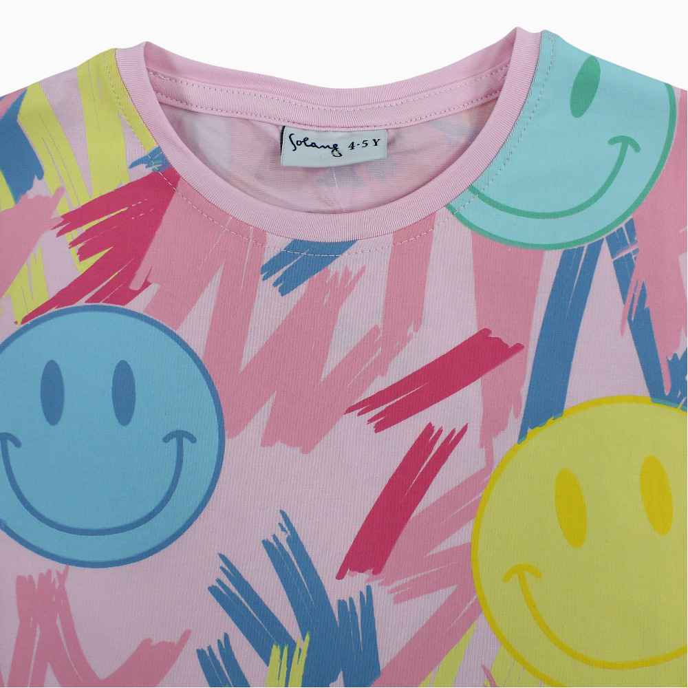 Girls Cotton T-Shirt - Pink with Smiley Faces Print