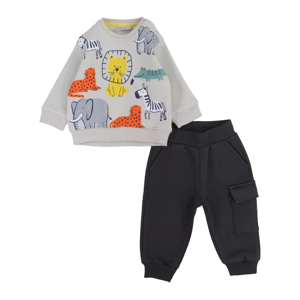 Baby Boys Cotton Pajama Set – Beige with Animals Print