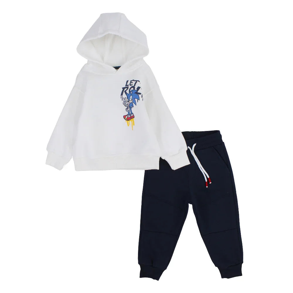 Boys Cotton Hooded Pajama Set – Off-White with Sonic the Hedgehog Print
