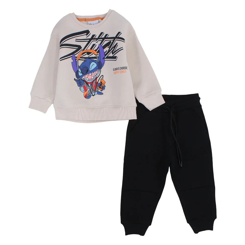 Boys Cotton Pajama Set – Beige with Stitch Print