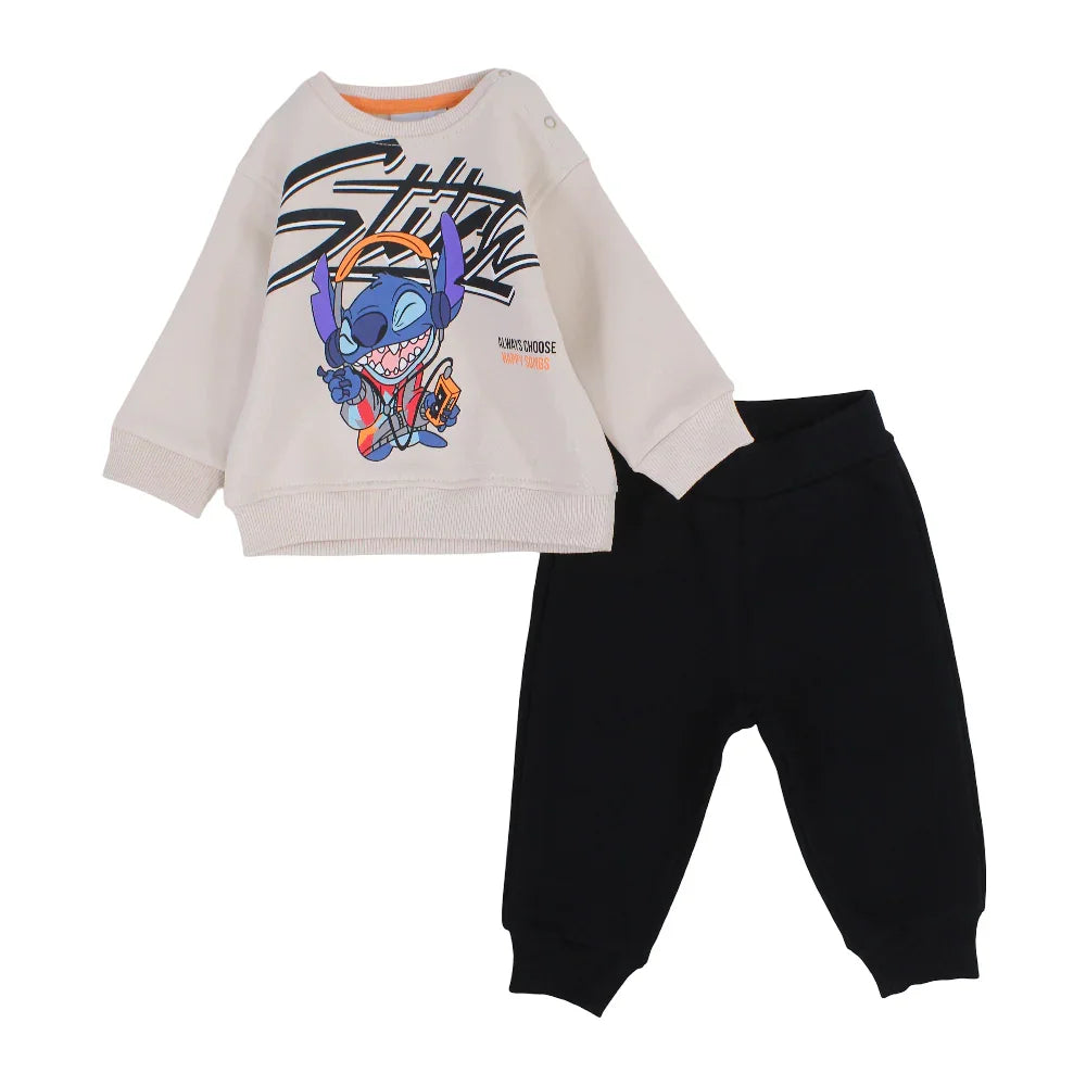Baby Boys Cotton Pajama Set – Beige with Stitch Print