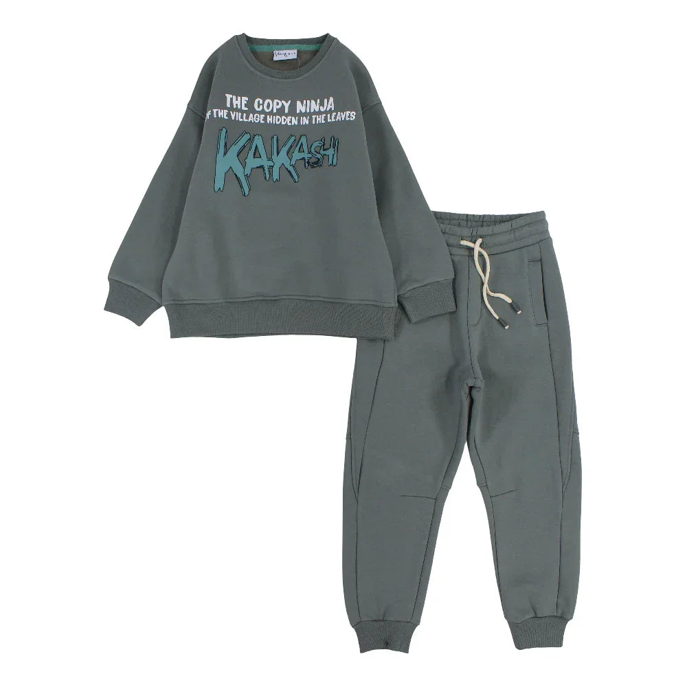 Boys Cotton Pajama Set – Dark Green with "Kakashi" Print