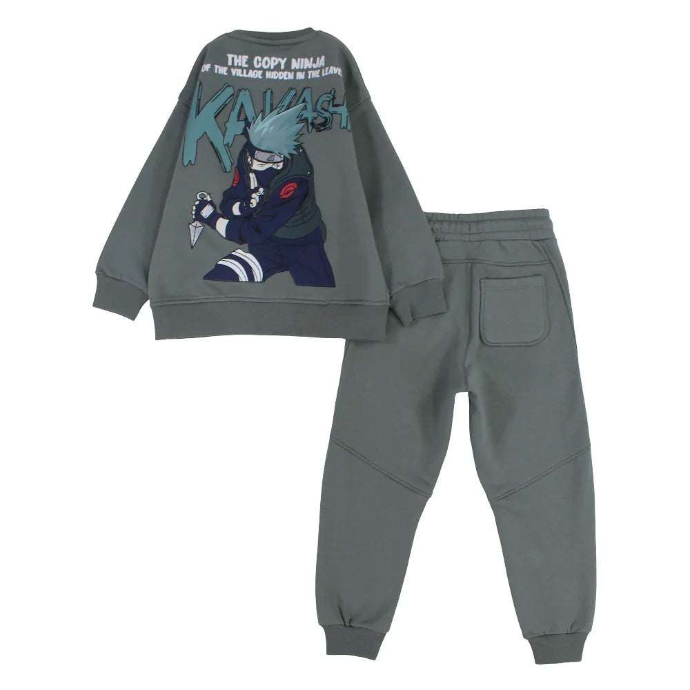 Boys Cotton Pajama Set – Dark Green with "Kakashi" Print