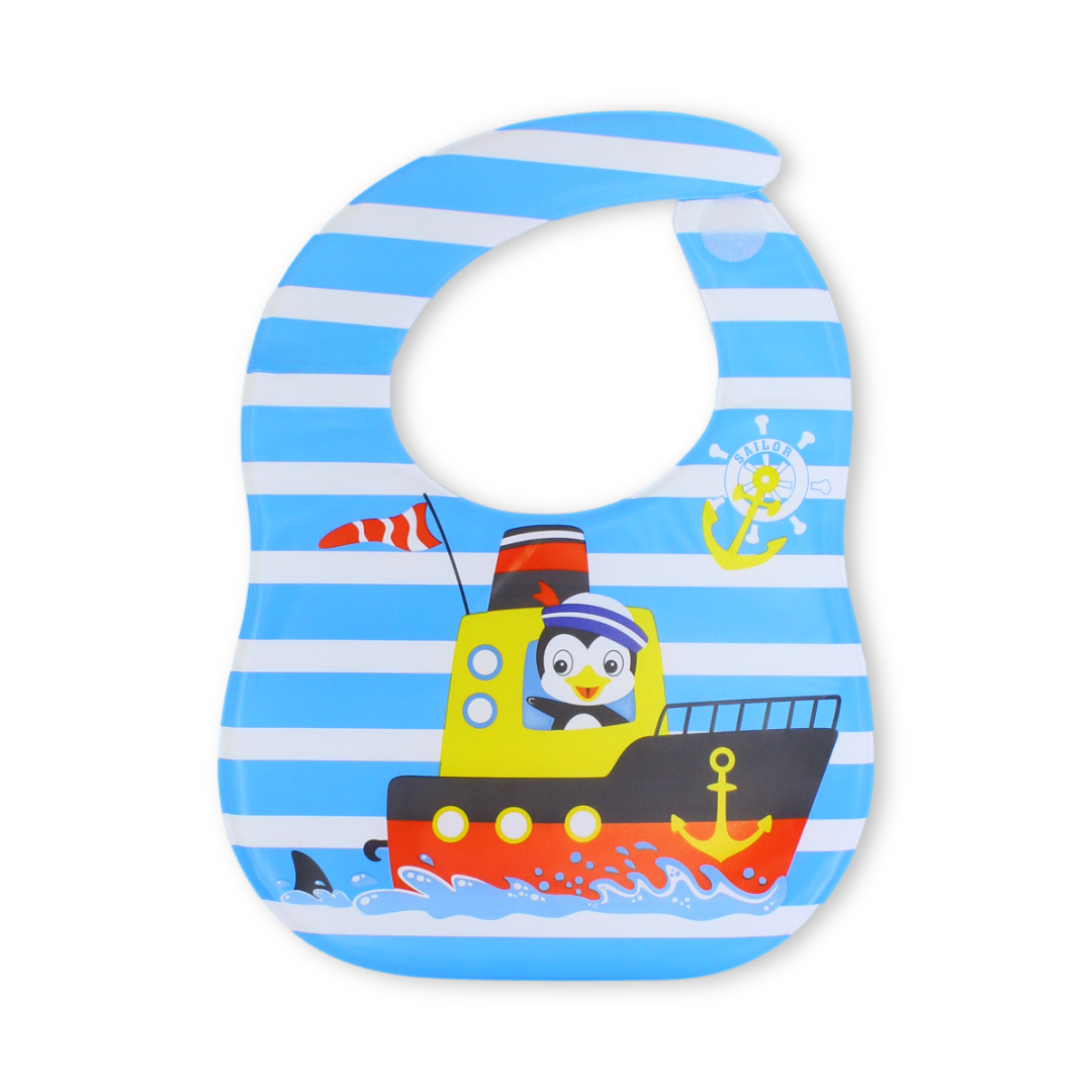 La Frutta PVC Baby Bib – Baby Blue with Sailor Penguin Print