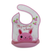 La Frutta Silicone Waterproof Baby Bib with Pocket – Pink with Cat "My Name is Happy!" Print