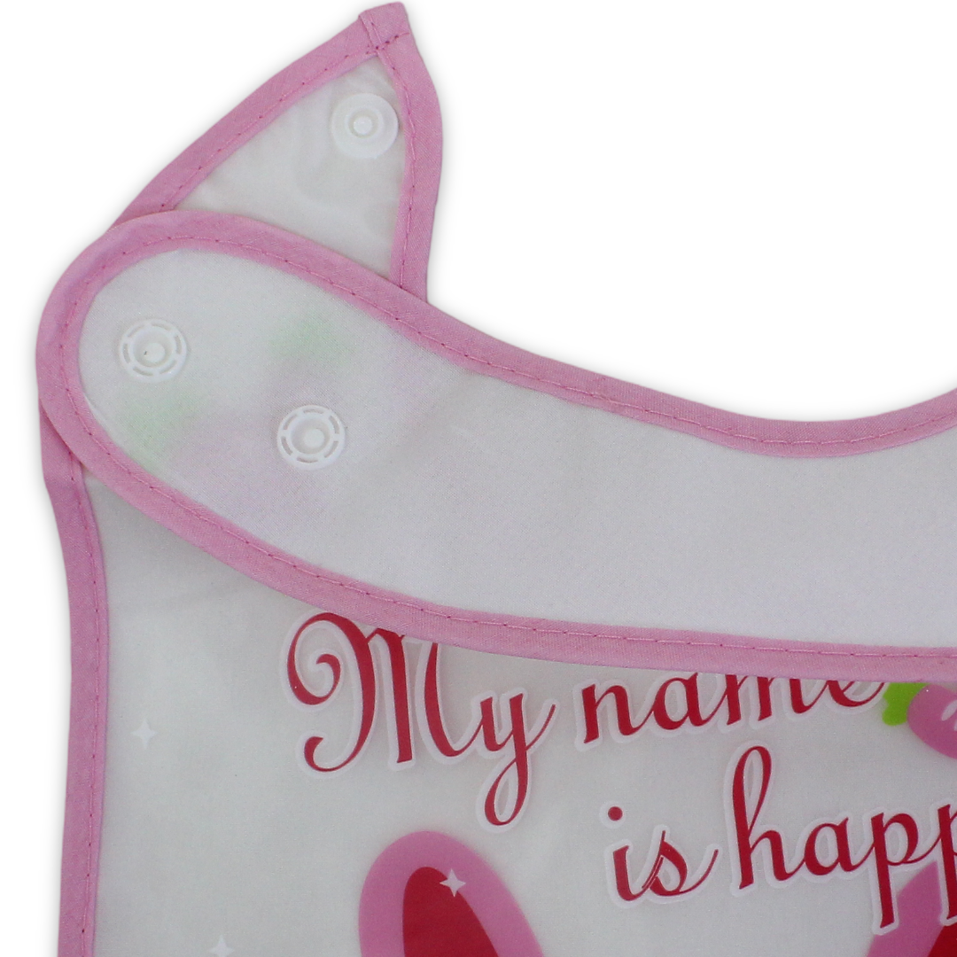 La Frutta Silicone Waterproof Baby Bib with Pocket – Pink with Cat "My Name is Happy!" Print