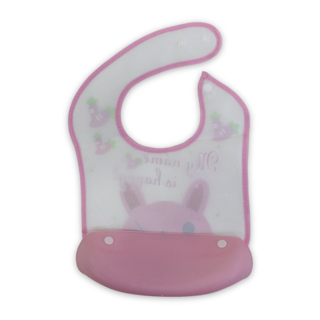La Frutta Silicone Waterproof Baby Bib with Pocket – Pink with Cat "My Name is Happy!" Print