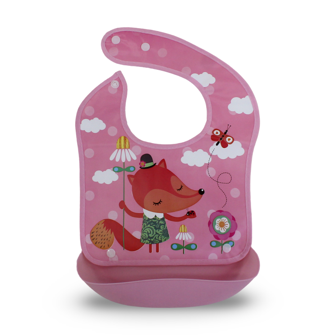 La Frutta Silicone Waterproof Baby Bib with Pocket – Pink with Squirrel Print - Baby Essentials