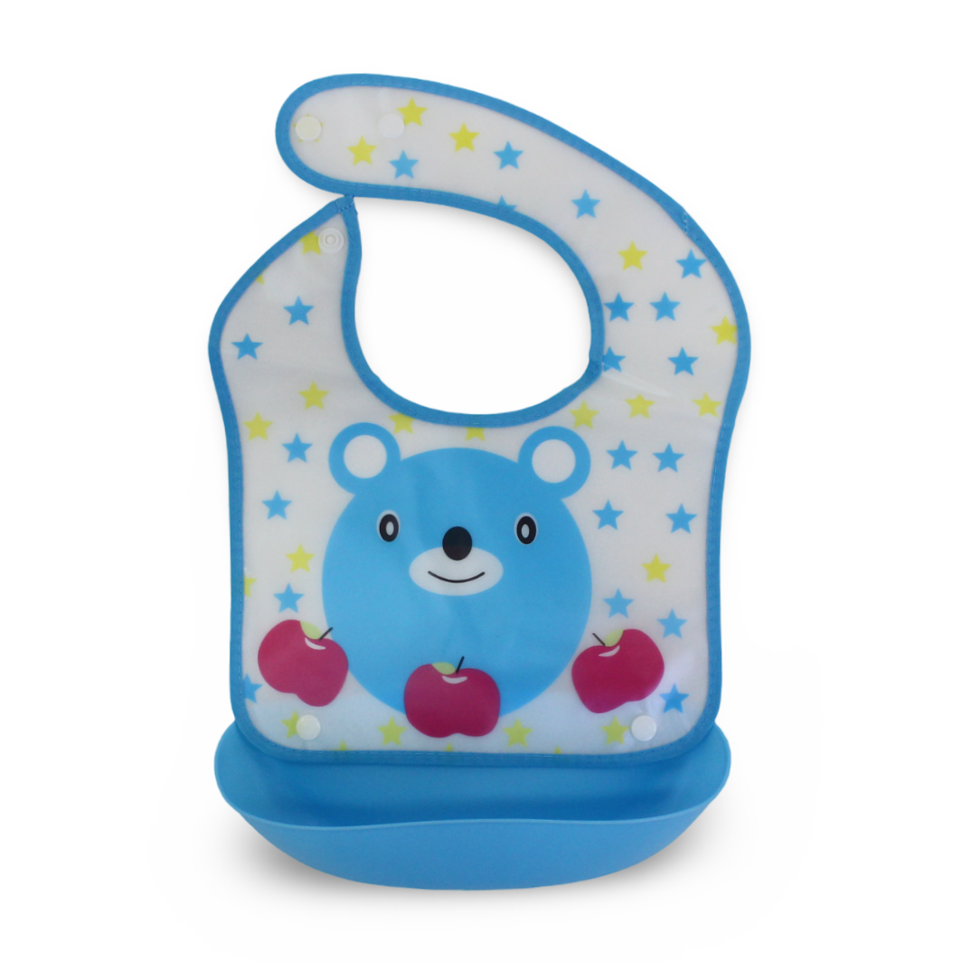 La Frutta Silicone Waterproof Baby Bib with Pocket – Baby Blue with Stars Print - Baby Essentials