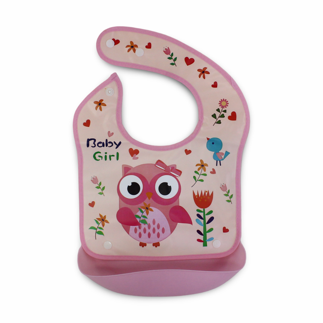 La Frutta Silicone Waterproof Baby Bib with Pocket – Pink with Owl Print