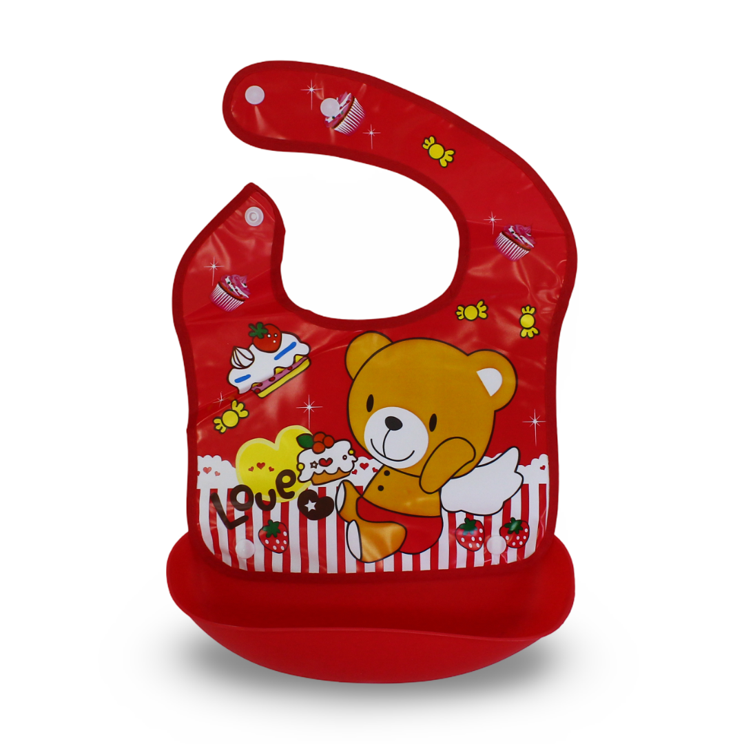 La Frutta Silicone Waterproof Baby Bib with Pocket – Red with Teddy Bear Print