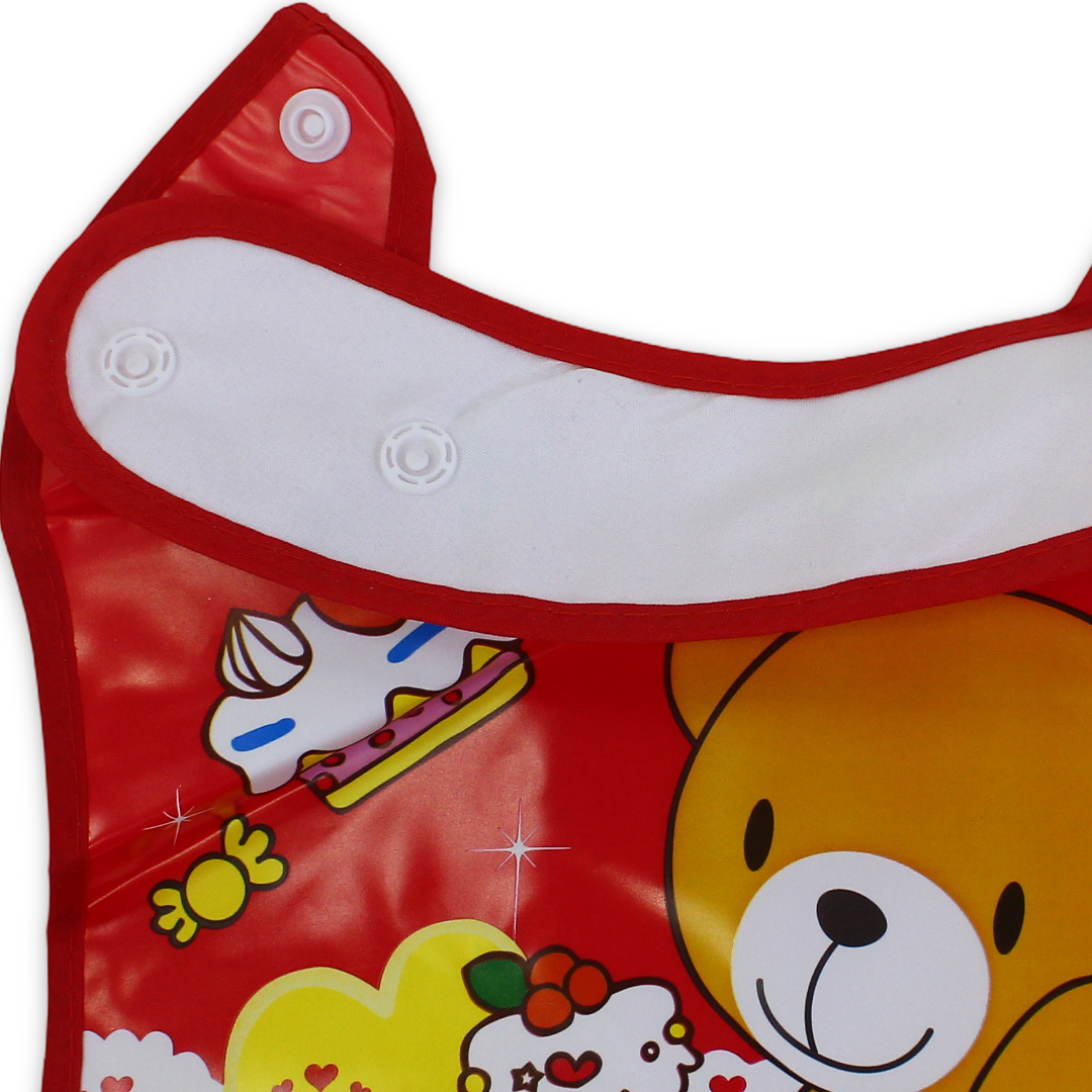 La Frutta Silicone Waterproof Baby Bib with Pocket – Red with Teddy Bear Print