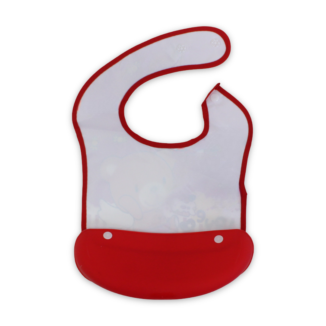 La Frutta Silicone Waterproof Baby Bib with Pocket – Red with Teddy Bear Print