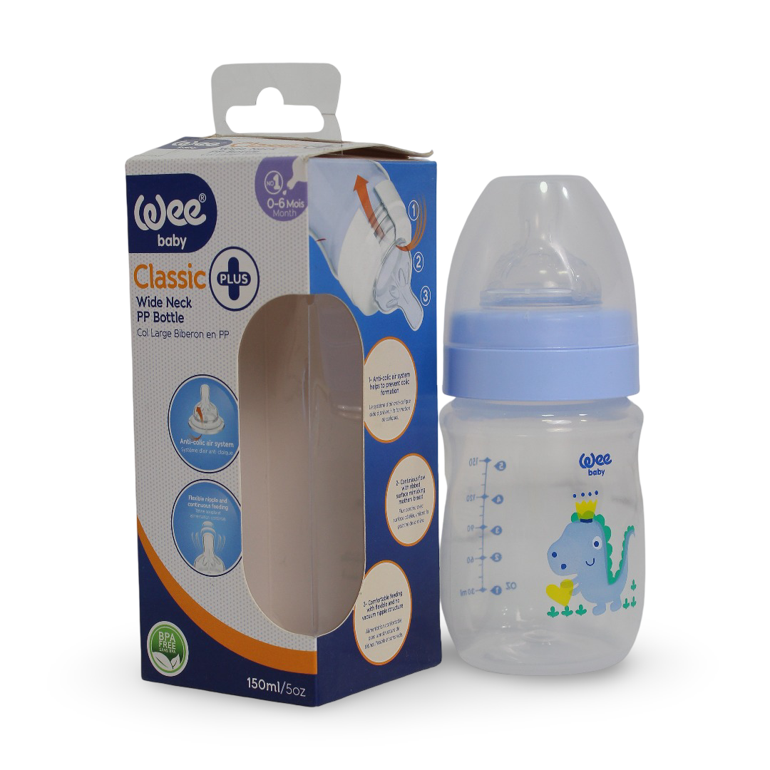 Wee Baby Classic Plus Wide Neck PP Bottle 150ml – Baby Blue - Baby Essentials