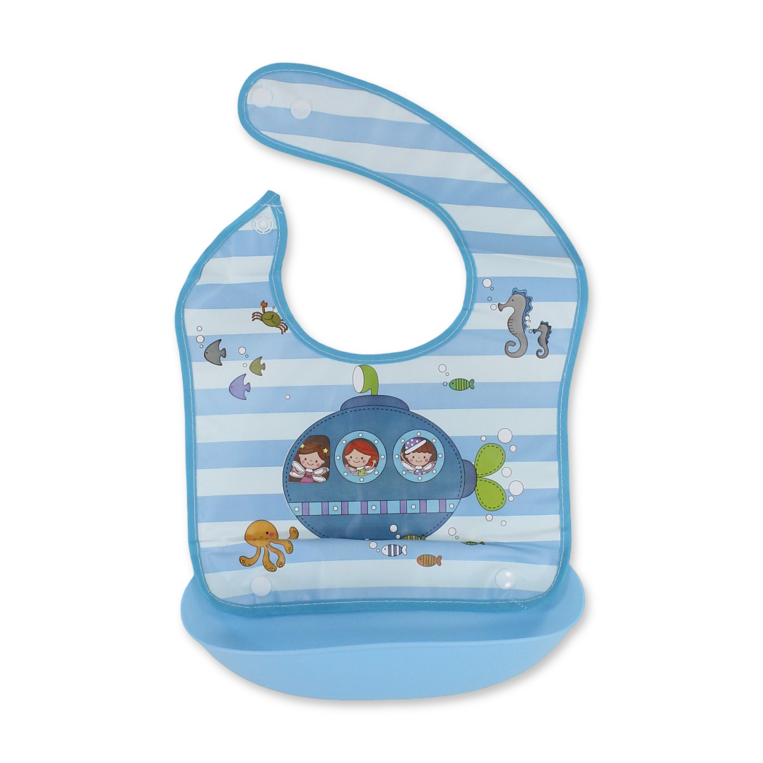 La Frutta Waterproof Baby Bib with Pocket – Baby Blue with Submarine Print - Baby Essentials