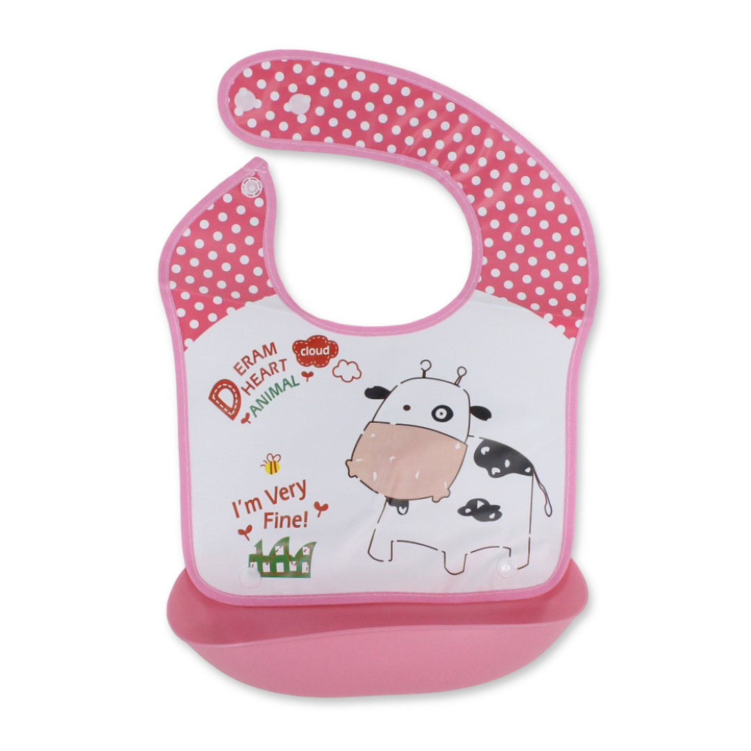 La Frutta Waterproof Baby Bib with Pocket – Pink with Cow Print - Baby Essentials