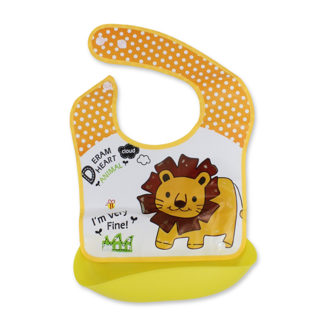 La Frutta Waterproof Baby Bib with Pocket – Yellow with Lion Print - Baby Essentials