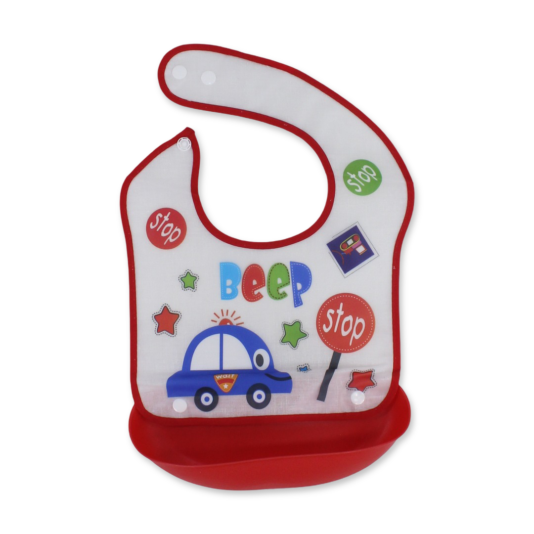 La Frutta Waterproof Baby Bib with Pocket – Red with Car Print - Baby Essentials