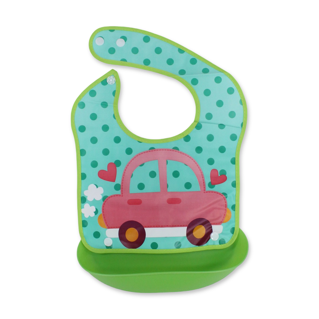 La Frutta Waterproof Baby Bib with Pocket – Green with Car Print - Baby Essentials