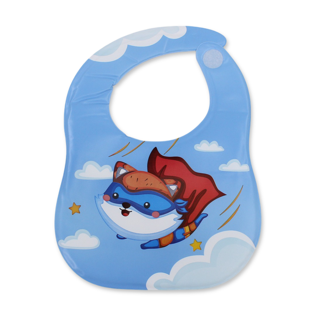 La Frutta PVC Baby Feeding Bib – Baby Blue with Super Hero Fox Print - Baby Essentials