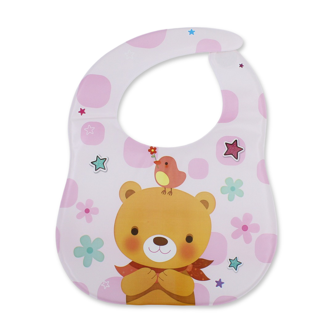 La Frutta PVC Baby Feeding Bib – Pink with Bear Print